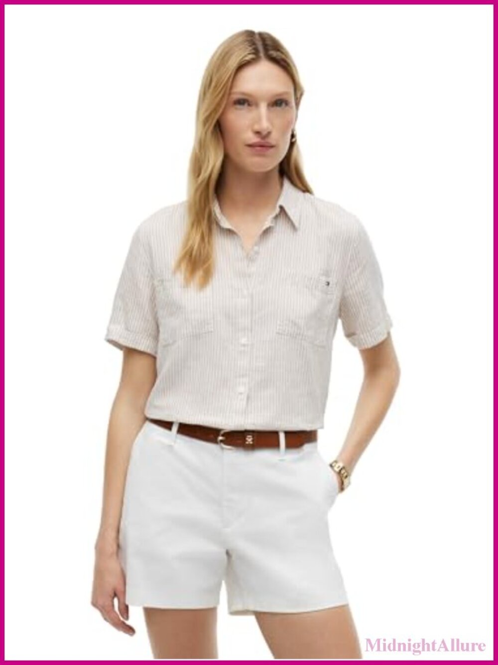 Women's Lightweight Linen Short Sleeve Button Down Shirt Regular Fit